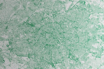 Map of the streets of Paris (France) made with green lines on white paper. 3d render, illustration