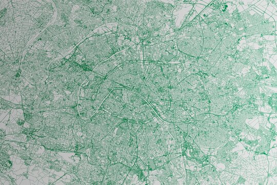 Map of the streets of Paris (France) made with green lines on white paper. 3d render, illustration