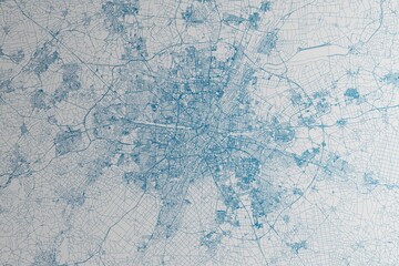 Fototapeta premium Map of the streets of Munich (Germany) made with blue lines on white paper. 3d render, illustration