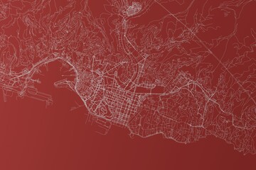 Map of the streets of Genoa (Italy) made with white lines on red background. Top view. 3d render, illustration