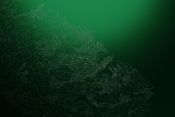 Street map of Valetta (Malta) engraved on green metal background. Light is coming from top. 3d render, illustration