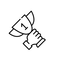 Hand holding first place cup. Winning and success. Pixel perfect, editable stroke line icon