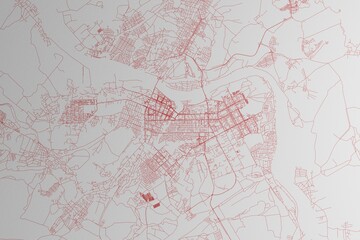 Map of the streets of Kemerovo (Russia) made with red lines on white paper. 3d render, illustration