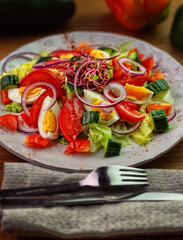 delicious vegetable salad with tomatoes, cucumber and egg