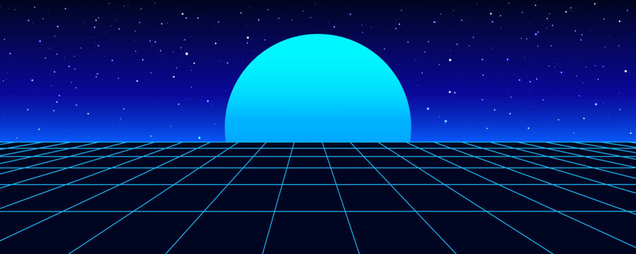 Digital retro perspective grid 1980s style. Futuristic cyber surface. 80s Retro Sci-Fi blue background. Album cover or banner in the style of the 80-90s Vector illustration.