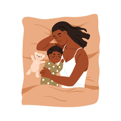 Mother and child sleeping together. Mom hugging little kid under blanket in bed. Black woman parent, toddler son asleep with teddy toy, top view. Flat vector illustration isolated on white background