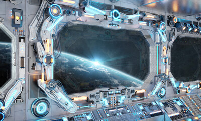 White spaceship interior with glowing blue and red lights. Futuristic spacecraft with large window view on planet Earth. 3D rendering