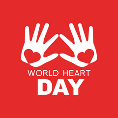 World Heart Day. Illustration of Hands forming a heart symbol on a red background.