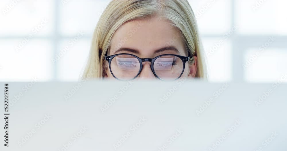 Poster Startup, entrepreneur and data analysis with a business woman in glasses working on a computer in her office at work. Small business with a young female employee, nerd or geek using technology