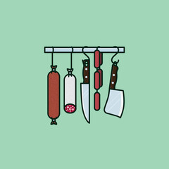 Salami sausages and knives hanging from rail filled outline style vector illustration for Salami Day on September 7