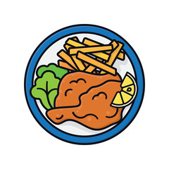 Wiener Schnitzel and french fries on a plate isolated vector illustration, filled outline style, top view