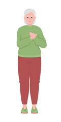 Crying old woman holding hand on heart semi flat color vector character. Editable figure. Full body person on white. Grief simple cartoon style illustration for web graphic design and animation