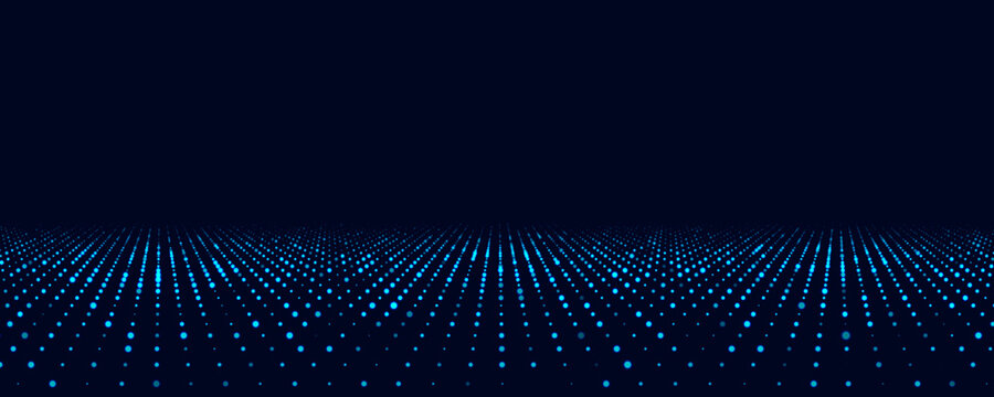 Glowing perspective grid of dots in digital cyberspace. Flow of shiny particles. Big data visualization. Vector illustration for website. © Vitalii