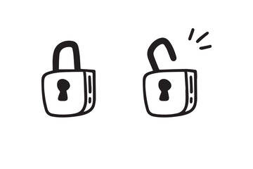 Open closed doodle lock. Hand drawn sketch style. the concept of lock and unlock. Two options