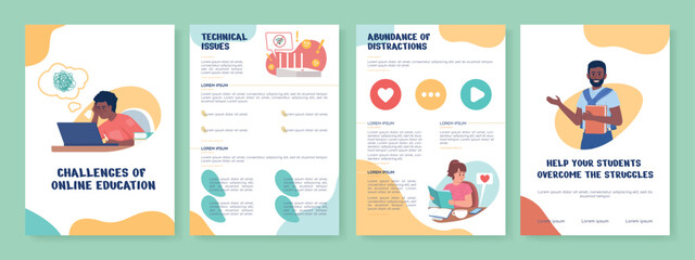 Online education challenge flat vector brochure template. Booklet, leaflet printable flat color designs. Editable magazine page, reports kit with text space. Nerko One, Quicksand, Comfortaa fonts used