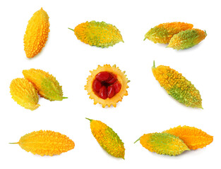 Set with bitter melons on white background