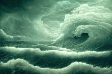 Turbulent ocean waves, dangerous storm surf - moody overcast storm clouds, gale force winds and impossibly dangerous hurricane rainy surreal scene seascape digital illustration.