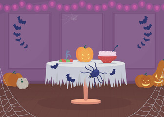 Halloween home party arrangement flat color vector illustration. Holiday meal. Seasonal event. Spooky decorations. Fully editable 2D simple cartoon interior with pumpkins on background