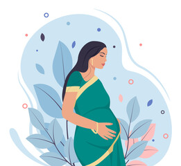 Happy indian pregnant woman on plant background. Flat illustration