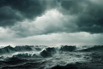 Fototapeta premium Turbulent ocean waves, dangerous storm surf - moody overcast storm clouds, gale force winds and impossibly dangerous hurricane rainy surreal scene seascape digital illustration.