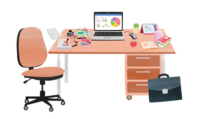 Office workplace with various of stationery clipart. Office desk with laptop, calendar, stapler, pushpin, cactus watercolor vector illustration. Home workspace table office chair and stationery