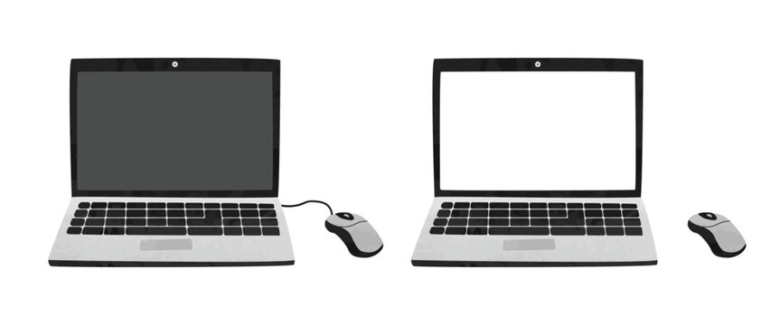 Laptop with blank black and white screen clipart. Simple laptop and computer mouse watercolor style vector illustration isolated on white. Personal laptop blank space cartoon hand drawn style