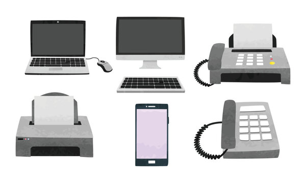 Set of office equipment clipart. Simple laptop, monitor, keyboard, computer mouse, fax machine, printer, smartphone and telephone watercolor style vector illustration. Office appliances cartoon style
