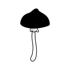 Doodle long stem mushroom icon. Hand drawn sketch linear vector illustration. Black fungus, line art forest plant