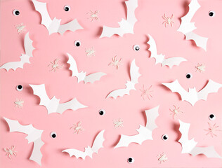 Halloween pink background with white bats, spiders and eyes.