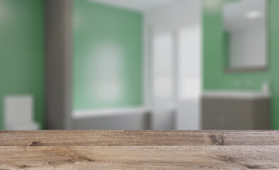 Abstract  toilet and bathroom interior for background. 3D render. Background with empty wooden table. Flooring.