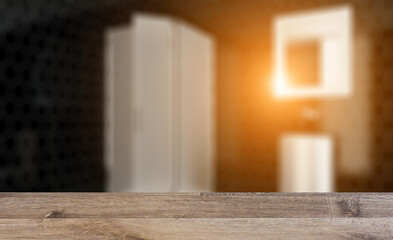 Scandinavian bathroom, classic  vintage interior design. 3D rend. Background with empty wooden table. Flooring.