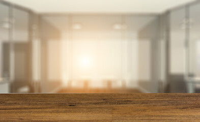 Fototapeta premium Modern office Cabinet. 3D rendering. Meeting room. Sunset.. S. Background with empty wooden table. Flooring.