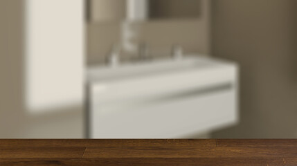 Abstract  toilet and bathroom interior for background. 3D render. Background with empty wooden table. Flooring.
