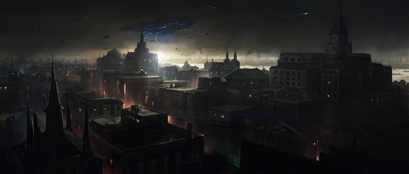 Alien spaceship descended over the city, 3D illustration.