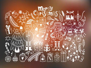 Christmas doodles vector set. Merry Christmas lettering. Hand drawn illustrations with traditional symbols good for cutting machines. 