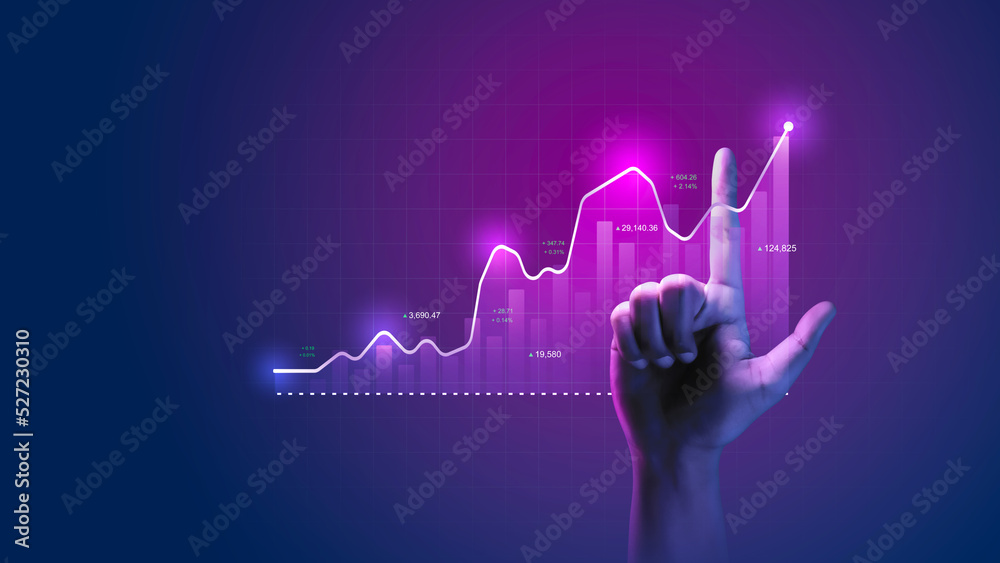 Poster growth financial business graph on digital metaverse technology strategy background with stock inves