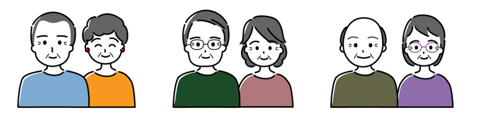 高齢夫婦3組の上半身セット（微笑み）