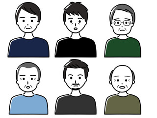 高齢男性・中年男性のバリエーション上半身セット（怒る、困る、驚くなどネガティブな表情）