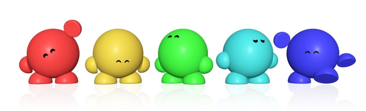 eine bunte Gruppe kleiner runder gl&uuml;cklicher Figuren