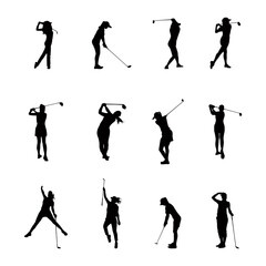 A set of female golfer sports people playing golf in various poses isolated vector silhouette on white background