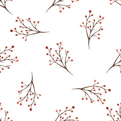 Seamless pattern. Twig with red berries, bare branches. watercolor illustration