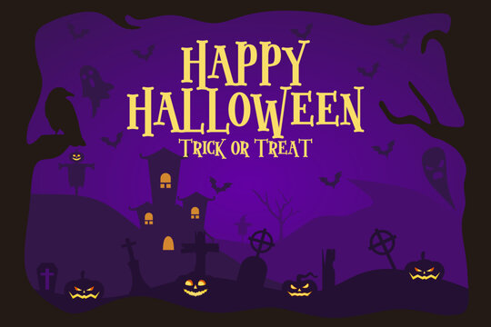 Happy halloween event flat banner vector template. Autumn holiday night party invitation card design layout. Scary, spooky cartoon background with pumpkin and lettering