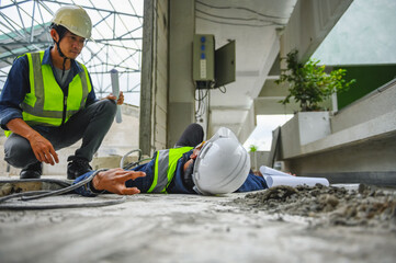 Accident from work of an electrical engineer or maintenance worker lying unconscious and tensed...