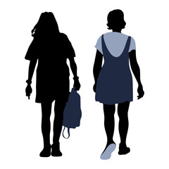 Vector two silhouettes of young women, girls go towards each other, 1 girl carries a bag in her hand.
