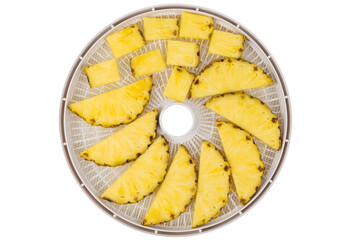 fresh, juicy pineapple slices in a tray for making dried fruits on a white background, top view