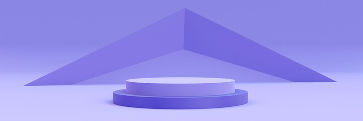 Purple podium with triangle geometric objects. Stand to show products. Stage showcase with empty space for presentation. Pedestal display. Banner size. Website cover template. 3D rendering.