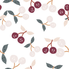 Hand drawn cherry berries and leaves seamless pattern. Hand drawn cherries wallpaper. Fruits backdrop.