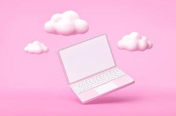 Laptop with white clouds on pink background