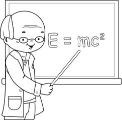 Science teacher teaching in the classroom at school. Vector black and white coloring page
