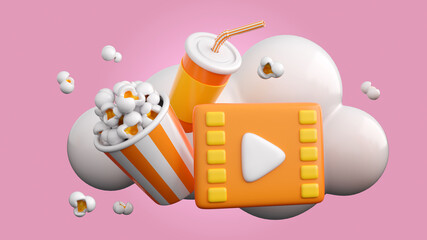 3d popcorn and paper glass drink. Online cinema, movie, film, entertainment concept background in trendy plastic colors. High quality isolated render